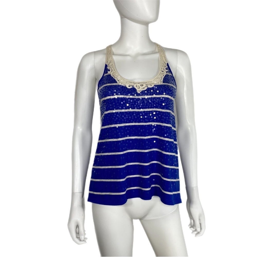 Express Royal Blue Striped & Sequins Crochet Racer Back Tank